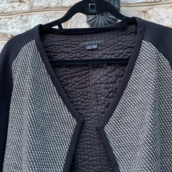 Theory Black and White Drape Front Open Blazer 8 - Picture 2 of 13